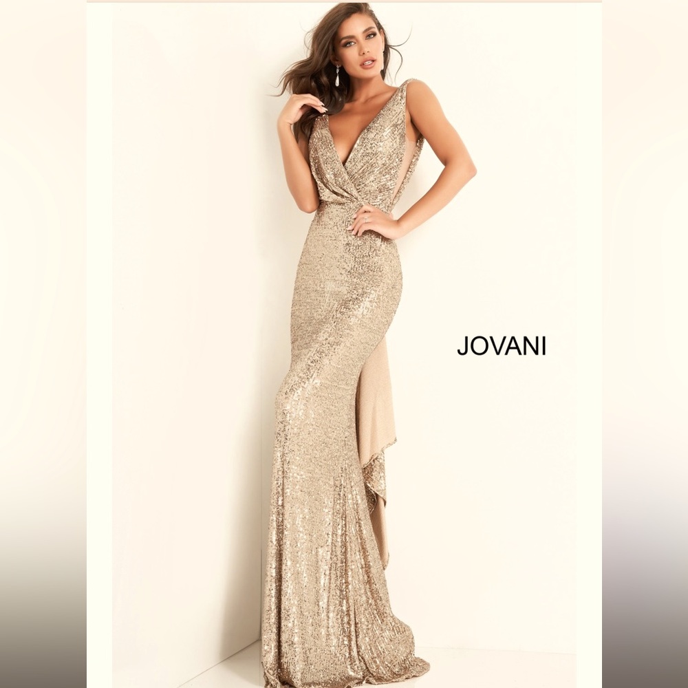 JOVANI FORMAL ~GOLD sequin dress ~with draping back